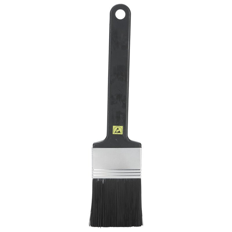 Les ESD FLACHPINSEL, NYL. 6.0 NOIR ø0,30MM SOUPLE de Haug Bürsten KG ont un manche noir avec un trou de suspension, une virole plate en argent et des poils noirs souples - idéal pour le nettoyage électronique - sur fond blanc.