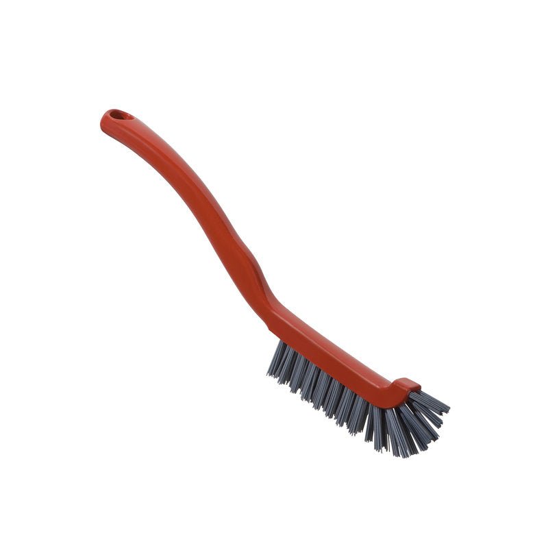 La BROSSE À JOINTS DÉTECTEUR DE MÉTAUX de Haug Bürsten KG a des poils rigides en PBT gris de 0,60 mm et une poignée rouge incurvée pour le nettoyage des joints dans l'industrie alimentaire ; illustrée sur fond blanc, taille 220x15x19mm, détectable par métal.