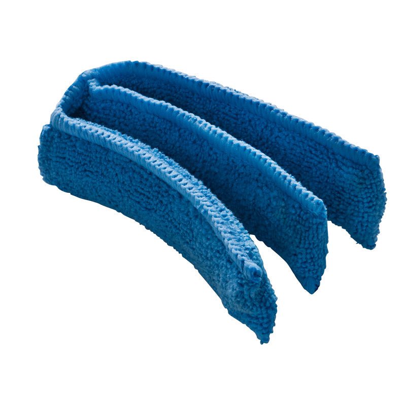 Le Haug Bürsten KG REMPLACEMENT DE HOUSSE POUR NETTOYEUR DE STORES ART. 8477 est un outil en microfibre bleu avec des bras courbés et rembourrés pour le nettoyage des stores et dispose de housses facilement remplaçables pour un entretien pratique.