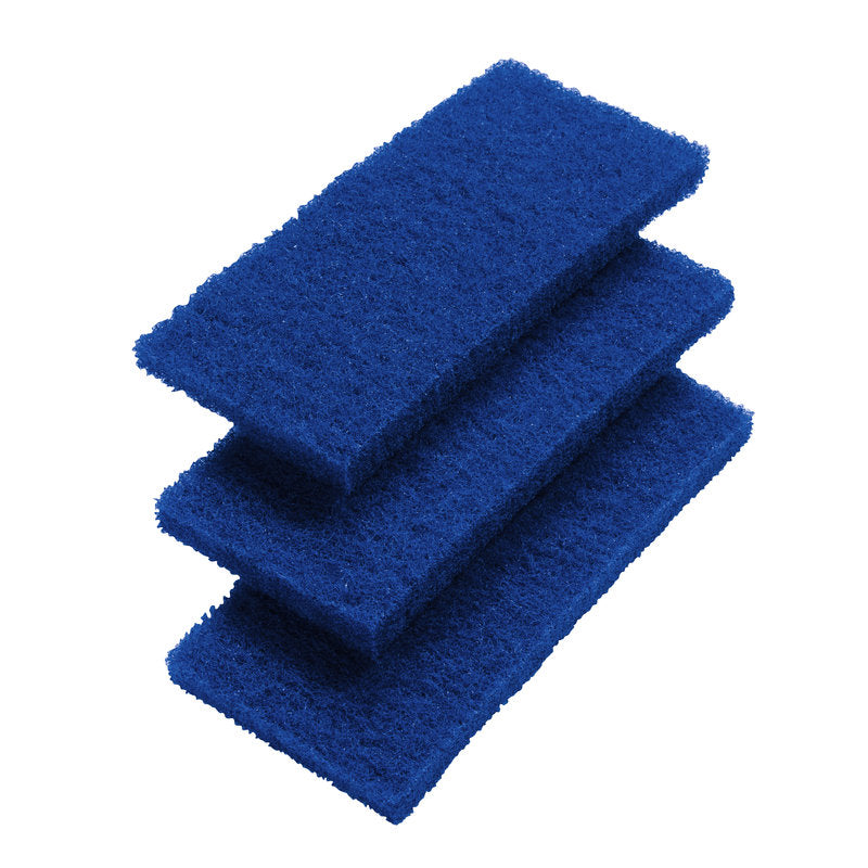 Trois tampons à récurer rectangulaires bleus (ensemble de 3, dur, 260x120x25mm, F.#8616+8617) de la Haug Bürsten KG sont empilés sur un fond blanc pour diverses tâches de nettoyage.
