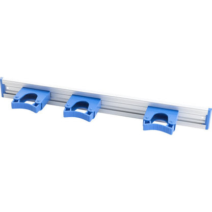 La Haug Bürsten KG ALU-GERÄTELEISTE (510x55mm) dispose de trois supports en plastique bleu uniformément répartis, idéaux pour organiser des outils ou des équipements de nettoyage sur le mur.