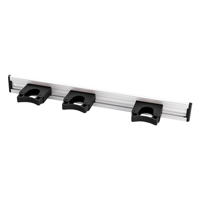 La Haug Bürsten KG ALU-GERÄTELEISTE, 3 SUPPORTS DE MANCHE, 510x55mm est un organisateur mural avec trois supports en plastique noir pour le rangement pratique d'outils ou d'équipements.