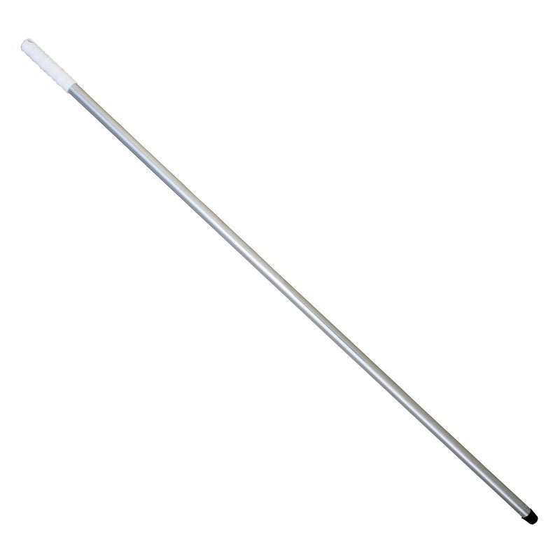 Le manche à balai ALUSTIEL de Haug Bürsten KG mesure 1400 mm de long, en aluminium argenté (ø 22 mm, épaisseur de paroi 1 mm), avec une poignée en plastique blanc d'un côté et une pointe noire de l'autre, représenté sur un fond blanc simple.