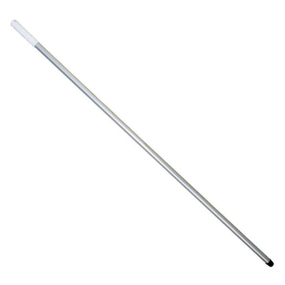 Le manche à balai ALUSTIEL de Haug Bürsten KG mesure 1400 mm de long, en aluminium argenté (ø 22 mm, épaisseur de paroi 1 mm), avec une poignée en plastique blanc d'un côté et une pointe noire de l'autre, représenté sur un fond blanc simple.