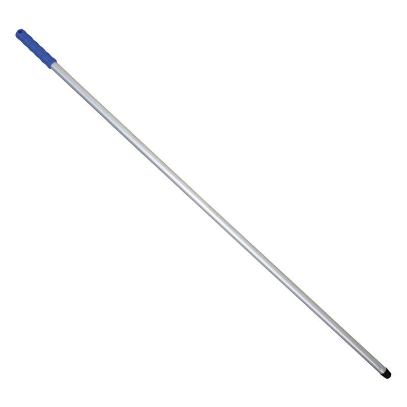 Le Haug Bürsten KG ALUSTIEL est une tige en aluminium argenté de 1400 mm de long (ø 22 mm, épaisseur de paroi 1 mm) avec une poignée en caoutchouc bleu et un capuchon noir, représenté sur fond blanc.