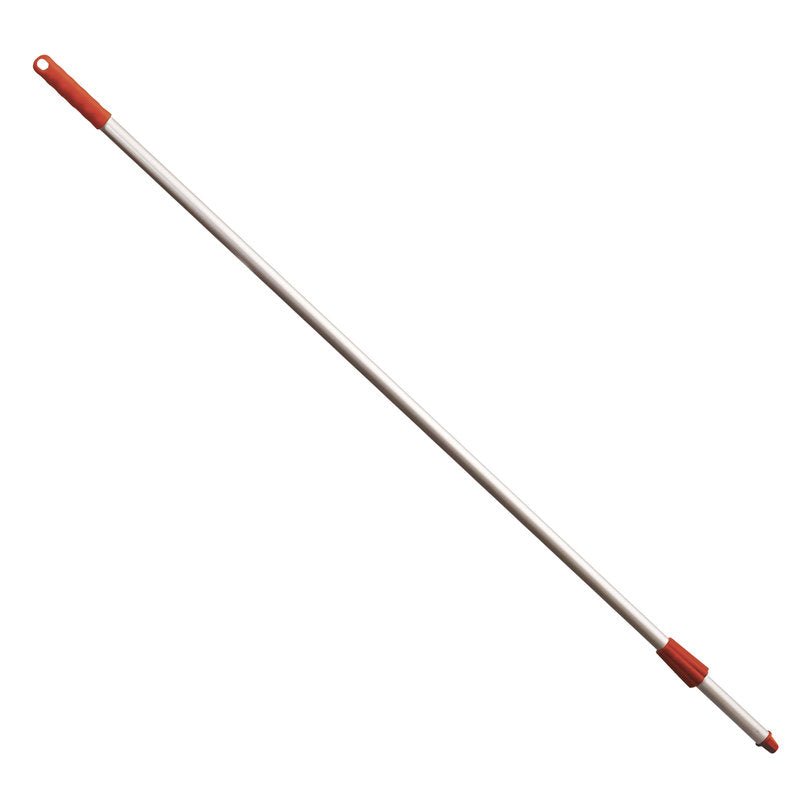 Une longue Haug Bürsten KG METAL DETECT ALUSTIEL, 1450MM CAPUCHON OXYDROUGE + tige ÜWM avec poignées rouges, conçue pour la fixation d'accessoires de nettoyage ; compatible avec les outils ø25mm.