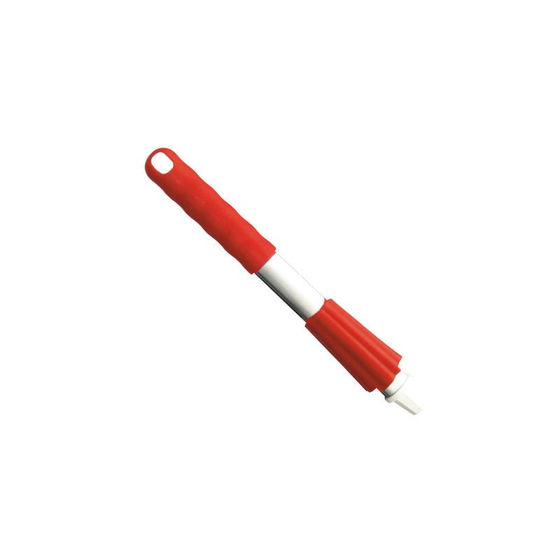 Un petit pinceau KURZ-ALUSTIEL (300MM) de Haug Bürsten KG avec manche rouge, centre blanc, poils rouges à une extrémité et un trou de suspension à l'autre. L'arrière-plan est d'un blanc uni.
