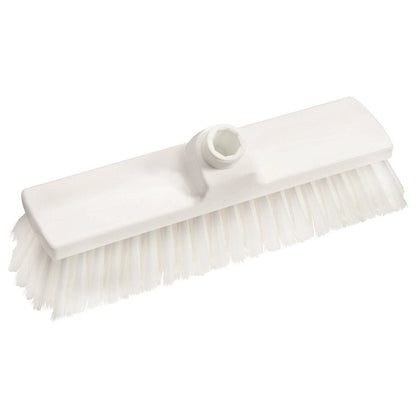 Le BALAI, PBT SOUPLE 300 x 70 x 50 mm, NON FENDU de Haug Bürsten KG est un balai blanc doté de poils souples en PBT disposés en rangées et d'une tête rectangulaire avec un orifice central pour le manche. Idéal pour un nettoyage efficace.