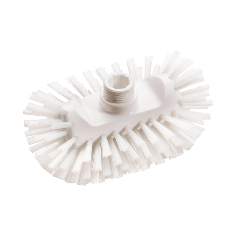 Une brosse de chaudière ovale blanche Haug Bürsten KG PBT Dur (200x125x105 mm) avec des poils rigides sur le bord et une ouverture filetée centrale pour fixer le manche, illustrée en blanc ; brosse de nettoyage hygiénique, conforme HACCP.