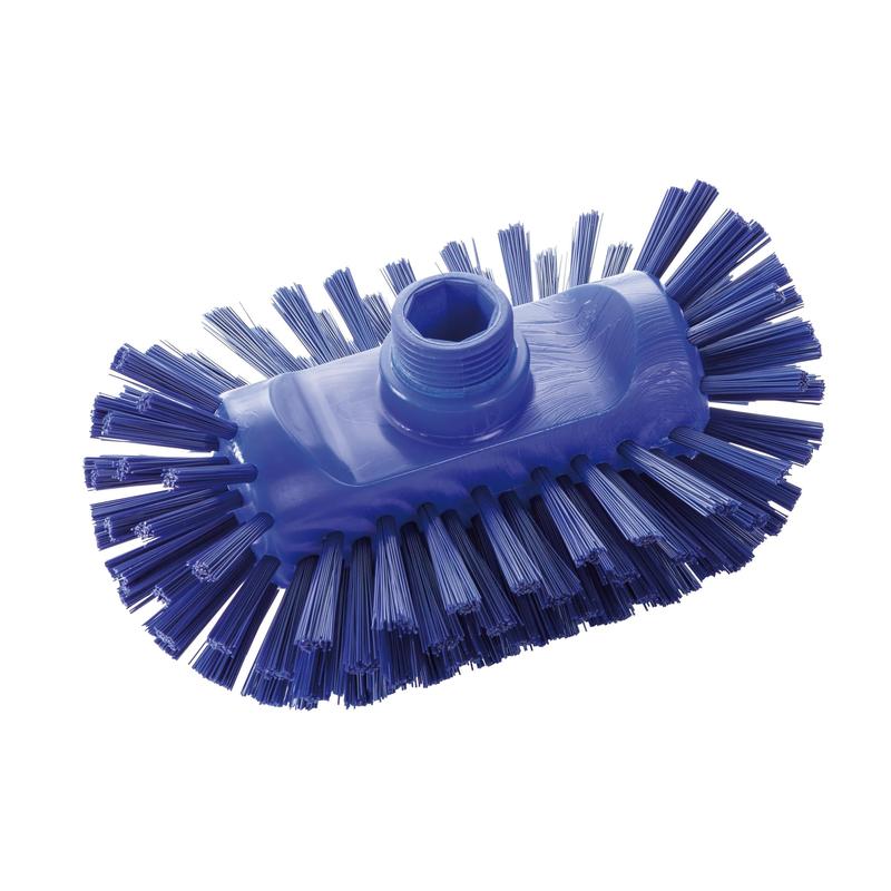 La Haug Bürsten KG brosse de chaudière PBT Dur 200x125x105 mm, illustrée en bleu, a des poils latéraux rigides et un trou fileté central pour la fixation du manche. Brosse de nettoyage hygiénique adaptée HACCP. Illustrée sur fond blanc.