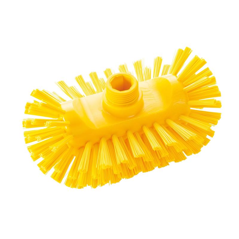 Illustré est une tête de brosse de chaudière jaune Haug Bürsten KG PBT Dur 200x125x105 mm avec des poils rigides et un trou fileté pour le manche, adapté HACCP pour le nettoyage hygiénique, sur fond blanc.
