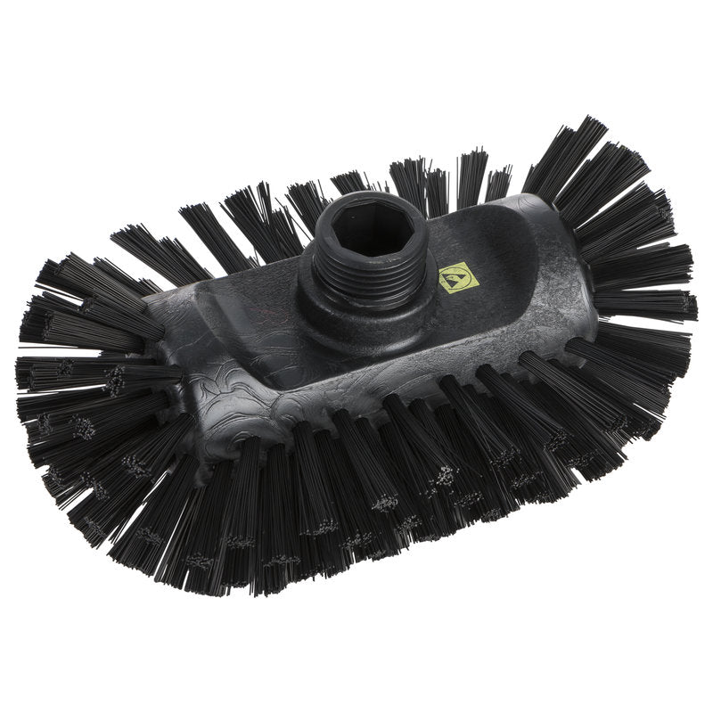 Die ESD KESSELBÜRSTE,NYL6.0SCHWARZ ø0,50MM HART,200X125X35MM von Haug Bürsten KG ist eine ovale, schwarze Reinigungsbürste mit dichten, steifen Borsten und einem zentralen Gewindeloch zur Befestigung des Stiels, dargestellt auf weißem Hintergrund.