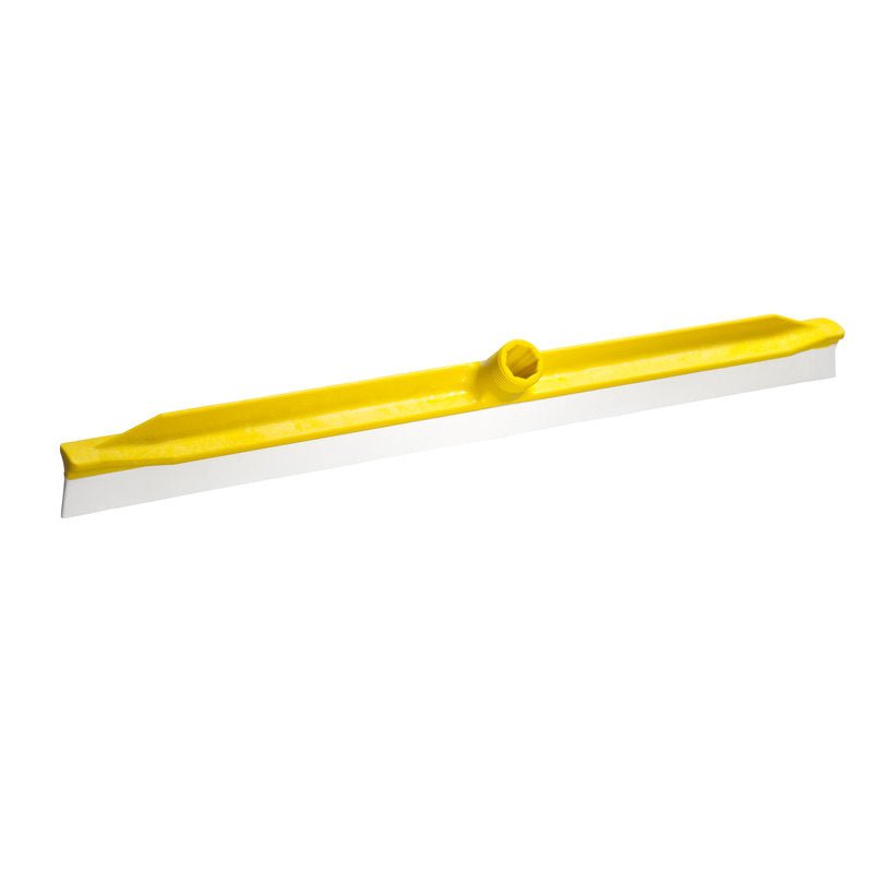 Le WASSERSCHIEBER M.ANGESPRITZTER LIPPE de Haug Bürsten KG a une tête jaune avec une lame en caoutchouc blanc pour la fixation du manche, illustrée sur un fond blanc - parfait pour un nettoyage efficace des sols.