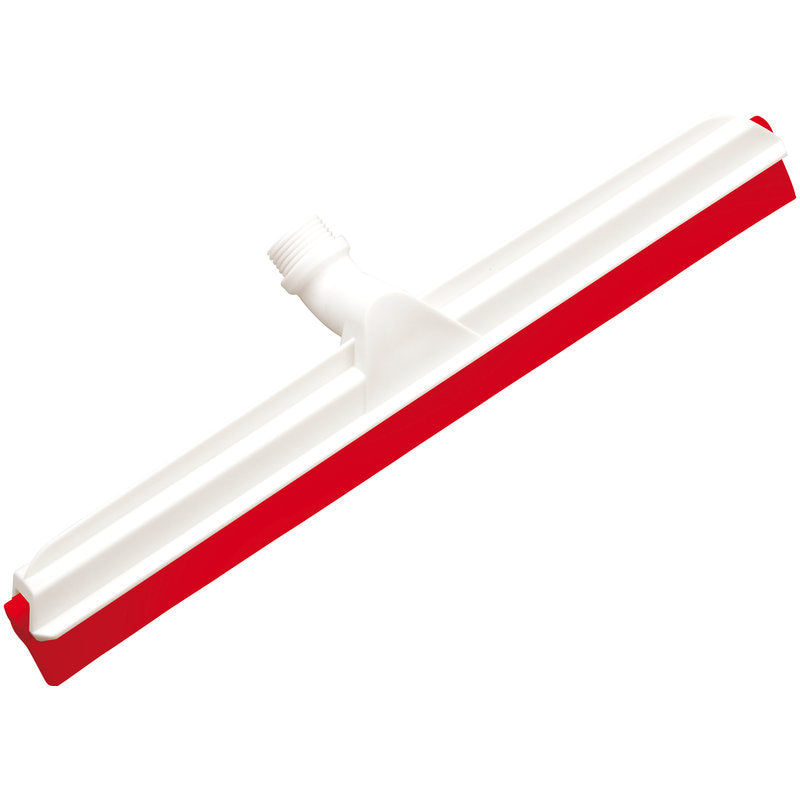 Der GELENK-WASSERSCHIEBER, 2-lippig Lebensmittelg. 560x43x22mm von Haug Bürsten KG ist ein weißer Kunststoff-Bodenabzieher mit rotem Gummiblatt und Gewindeaufsatz, ideal für die Lebensmittelindustrie.