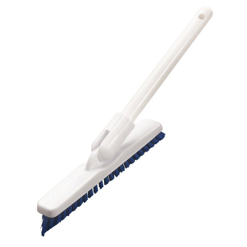La Haug Bürsten KG BROSSE À JOINTS avec manche court a des poils PP bleus durs de 0,60 mm et un manche rectangulaire blanc (220x35x25mm) avec trou de suspension, idéal pour frotter les surfaces.