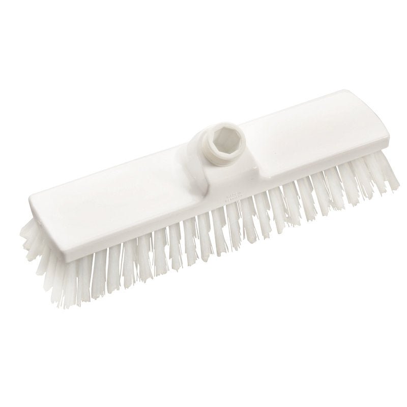 Le BALAI M.AVEC PASSAGE D'EAU PBT TRANSP., ø 0,50MM DUR de Haug Bürsten KG est une tête de brosse rectangulaire blanche avec des poils en PBT durs et un trou central pour la fixation du manche, illustrée sur un fond blanc simple.