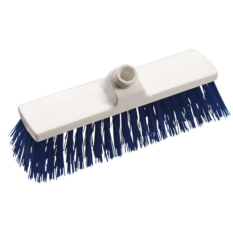 Le BALAI, PP BLEU, Ø 1,0MM DUR 300X70X65MM de Haug Bürsten KG est une tête de balai rectangulaire blanche avec des poils bleus denses et un raccord central pour manche, représenté sur fond blanc.
