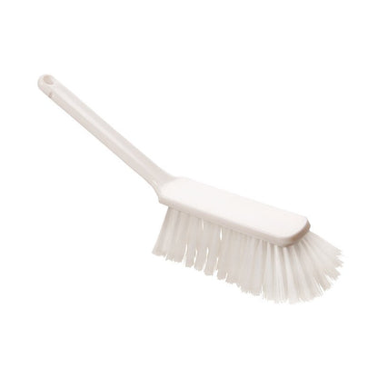 Le BALAI À MAIN, PBT NON FENDU, 310X40X50MM de Haug Bürsten KG est une brosse à main en plastique blanche avec un long manche et des poils rigides en PBT, idéale pour le nettoyage des sols. Ici illustrée sur un fond blanc simple.