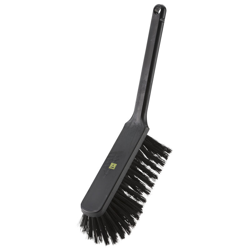 Le BALAI À MAIN ESD, NYL.6.0 NOIR ø0,30MM SOUPLE (310x40x50mm) de Haug Bürsten KG est une balayette noire avec des poils en nylon souples et un long manche, idéale pour le nettoyage des surfaces délicates.