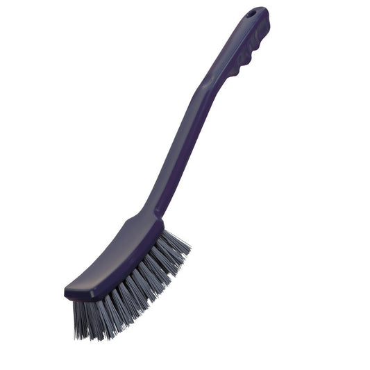 Die METDEC PREM. STIELBÜRSTE von Haug Bürsten KG verfügt über graublaue PBT-Borsten, einen langen 400x48x35 mm großen Stiel mit einem gebogenen, strukturierten Griff für eine effektive Reinigung, abgebildet auf einem weißen Hintergrund.