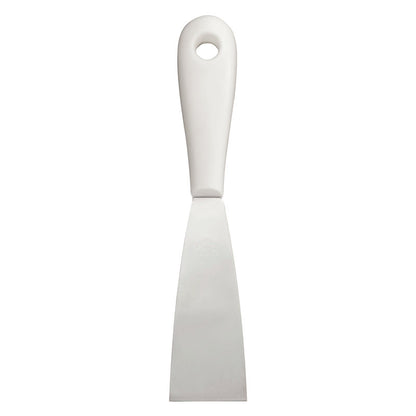 La SPATULE AVEC POIGNÉE EN PLASTIQUE, ACIER INOXYDABLE, INOXYDABLE de Haug Bürsten KG convainc par sa lame en acier inoxydable plate et rectangulaire, sa poignée en plastique blanc solide et son œillet de suspension - durable et polyvalente.