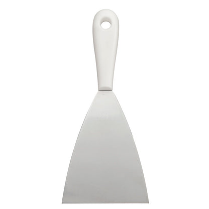 La SPATULE AVEC POIGNÉE EN PLASTIQUE, ACIER INOXYDABLE, INOXYDABLE de Haug Bürsten KG offre une large lame en acier inoxydable et une poignée en plastique blanc avec trou de suspension - durable et pratique pour des applications polyvalentes.
