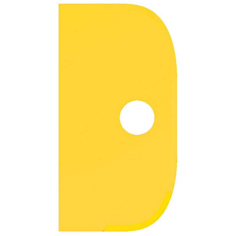 Der SCHABER GROß von Haug Bürsten KG ist ein flexibler, flacher, gelber Polypropylen-Abstreifer (230x118mm) in D-Form mit einer glatten, abgerundeten rechten Kante, einer senkrechten, geraden linken Kante und einem zentralen, runden Loch.