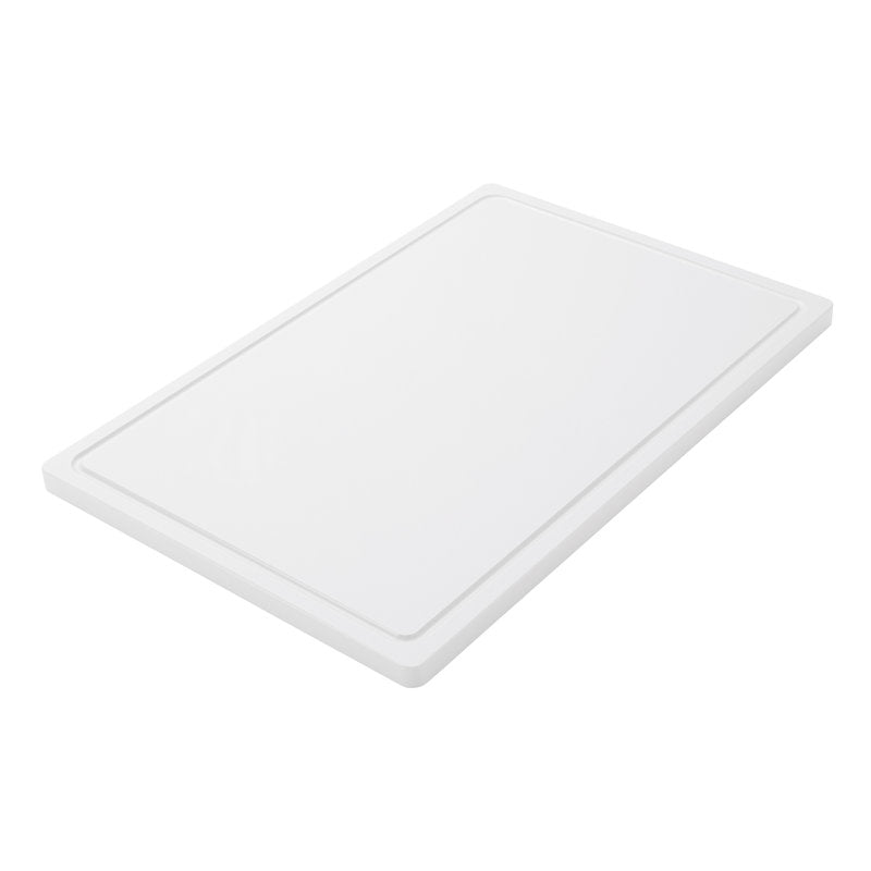 La Haug Bürsten KG PLAN DE TRAVAIL GRAND, PE, ANTIDÉRAPANT, 600X400X20MM est une grande planche à découper rectangulaire blanche avec une surface antidérapante et un bord surélevé, représentée en biais sur un fond blanc - idéale pour une utilisation quotidienne en cuisine.
