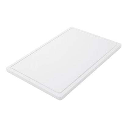 La Haug Bürsten KG PLAN DE TRAVAIL GRAND, PE, ANTIDÉRAPANT, 600X400X20MM est une grande planche à découper rectangulaire blanche avec une surface antidérapante et un bord surélevé, représentée en biais sur un fond blanc - idéale pour une utilisation quotidienne en cuisine.