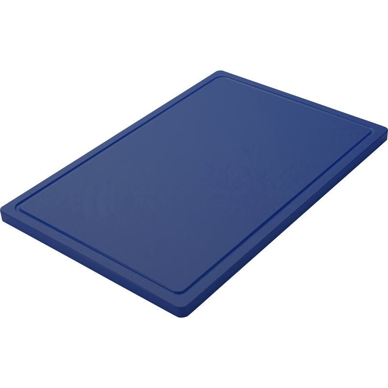La PLAN DE TRAVAIL GRAND de Haug Bürsten KG est une grande planche à découper bleue en PE antidérapante (600x400x20mm) avec des bords légèrement surélevés sur fond blanc.