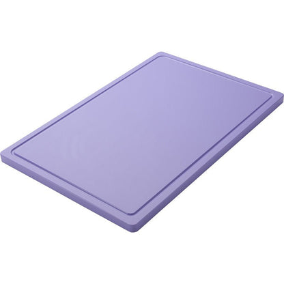 Représentée est une PLAN DE TRAVAIL VIOLETTE rectangulaire, GRAND (600x400x20mm) de Haug Bürsten KG en PE antidérapant avec un bord légèrement surélevé sur fond blanc.