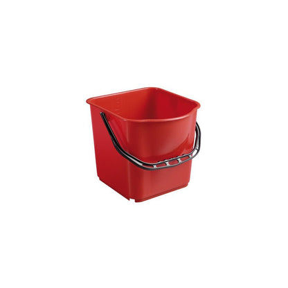 L'image montre un Haug Bürsten SEAU KG, PP, 15L avec une anse noire (340x335x285mm) sur un fond blanc. Le seau rouge a une forme carrée avec des bords arrondis.