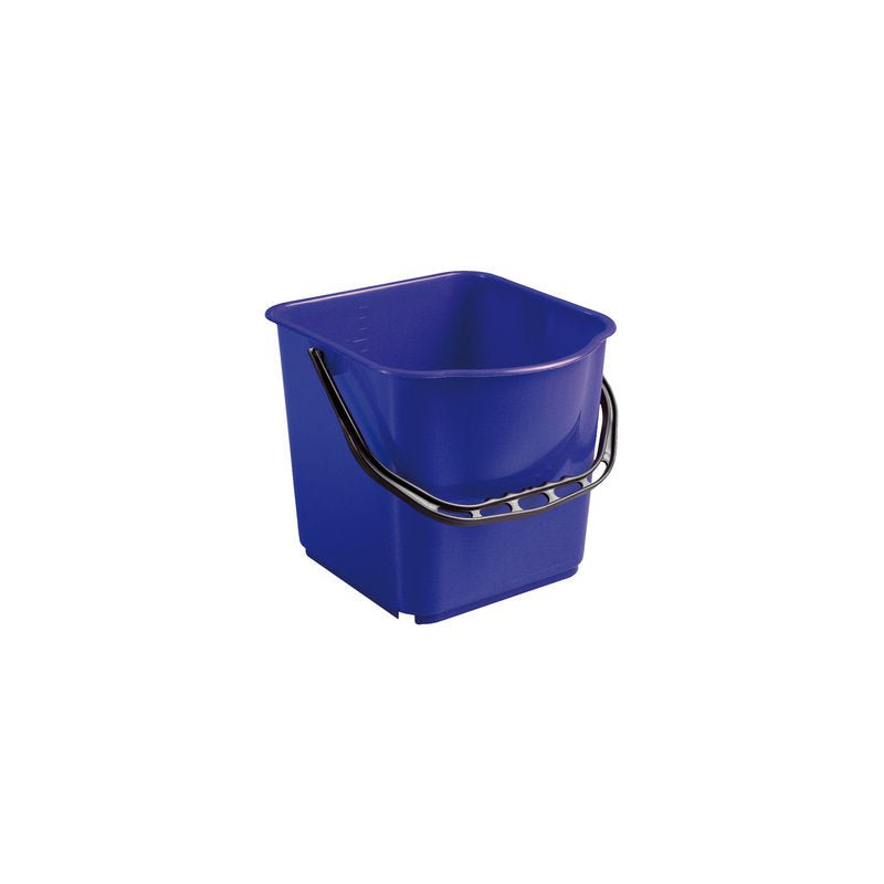 Le Haug Bürsten SEAU KG, PP, 15L avec une anse noire (340x335x285mm) est présenté sur un fond blanc. Le seau bleu rectangulaire a des coins arrondis et une poignée noire pratique pour un transport facile.