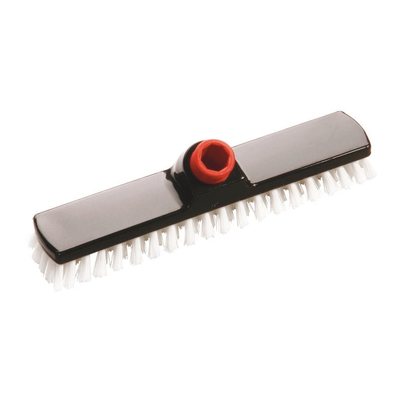 Une tête de brosse de nettoyage IN-UP WISCHER noire de Haug Bürsten KG, en PP avec des poils durs blancs de 0,35 mm et un raccord fileté rouge, aux dimensions de 280×50×25 mm - idéale pour le nettoyage en profondeur de diverses surfaces.