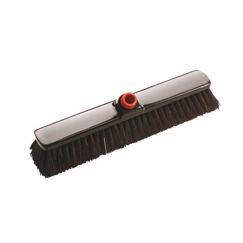 Le BALAI GRAND ESPACE IN-UP de Haug Bürsten KG dispose d'une tête en crin de cheval/polyester doux de 400x60x60mm avec des poils foncés, une base noire et un connecteur d'angle rouge pour une fixation facile du manche - idéal pour le nettoyage intérieur et les sols délicats.