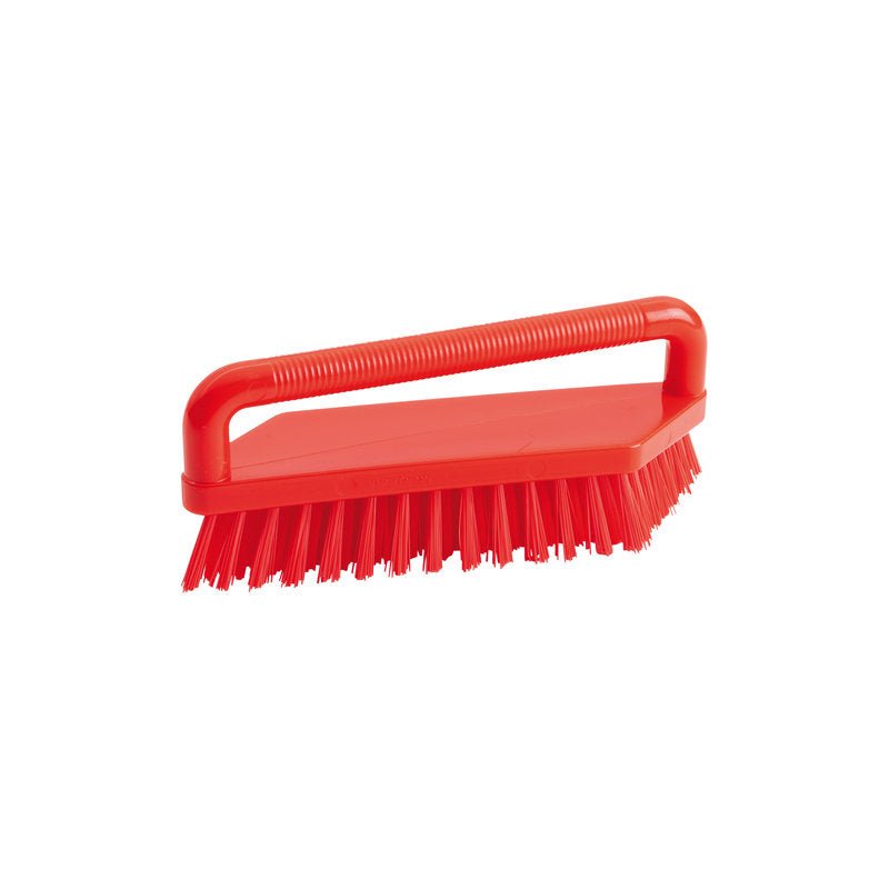 Une BROSSE À RÉCURER, PBT DUR 180X48X22MM de Haug Bürsten KG, avec des poils rigides et une poignée rectangulaire pour le nettoyage industriel, est illustrée sur un fond blanc.