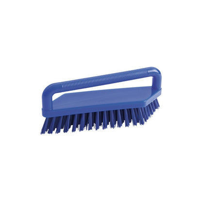 La BROSSE À RÉCURER Haug Bürsten KG, PBT DUR 180X48X22MM, est une brosse de récurage industrielle bleue avec des poils rigides et une poignée en plastique rectangulaire, illustrée sur un fond blanc.