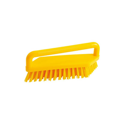 La BROSSE À RÉCURER, PBT DUR 180X48X22MM de Haug Bürsten KG est une brosse à récurer jaune avec des poils rigides et une poignée inclinée, illustrée sur fond blanc.