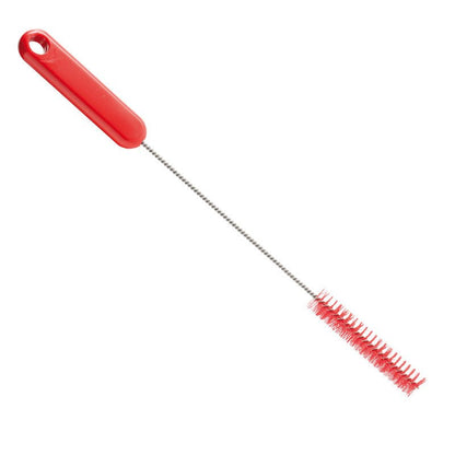 La BROSSE À TUBE Ø 0,35MM DURE (305xØ15x80mm) de Haug Bürsten KG dispose d'une poignée en plastique rouge et de poils rouges durables sur une longue tige métallique, idéale pour nettoyer les endroits étroits ou difficiles d'accès et éliminer la saleté tenace.