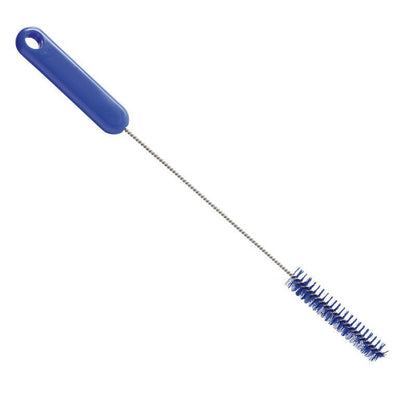 La Haug Bürsten KG BROSSE À TUBE, Ø 0,35MM DURE, 305XØ15X80MM a une poignée bleue avec un trou de suspension et une longue tige mince avec des poils cylindriques - idéale pour le nettoyage des tuyaux et l'élimination de la saleté tenace.