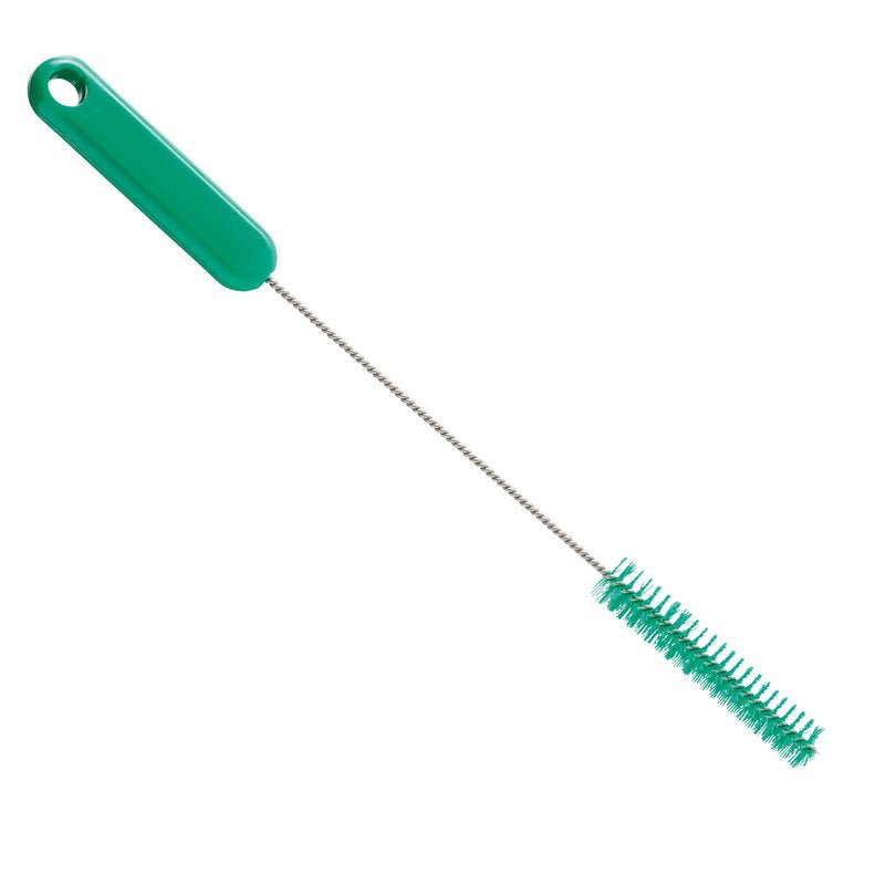 La BROSSE À TUBE, Ø 0,35MM DURE, 305XØ15X80MM de Haug Bürsten KG a une poignée en plastique vert, une longue tige métallique et des poils cylindriques verts - idéale pour le nettoyage des tuyaux et l'élimination de la saleté tenace des récipients étroits.