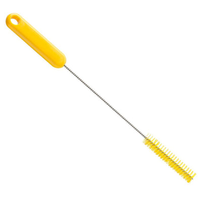 La BROSSE À TUBE Ø 0,35MM DURE de Haug Bürsten KG a une poignée en plastique jaune avec un trou de suspension, une longue tige métallique torsadée et des poils cylindriques jaunes - parfaite pour le nettoyage des tuyaux et contre la saleté tenace. Taille : 305xØ15x80mm.