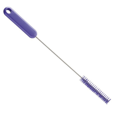 La BROSSE À TUBE Ø 0,35MM DURE, 305XØ15X80MM de Haug Bürsten KG dispose d'une longue tige métallique avec une poignée en plastique violet et des poils cylindriques courts et rigides - idéale pour le nettoyage des tuyaux et l'élimination de la saleté tenace.