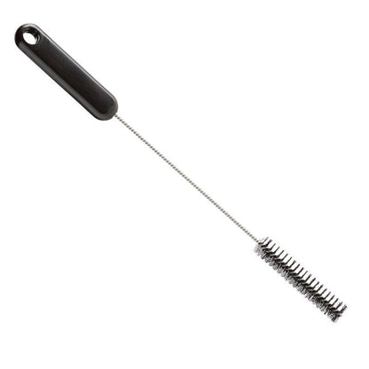 La Haug Bürsten KG BROSSE À TUBE, Ø 0,35MM DURE, 305XØ15X80MM a une longue tige métallique torsadée, une poignée en plastique noir et des poils cylindriques rigides - idéale pour le nettoyage des tuyaux et l'élimination de la saleté tenace.
