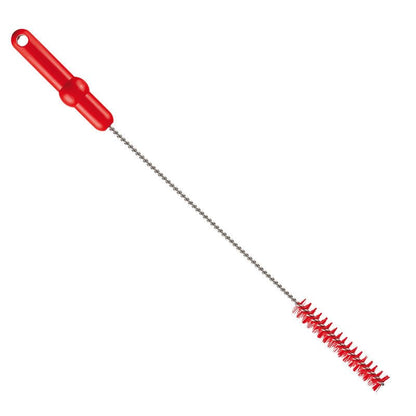 La ROHRBÜRSTE, ø 0,50MM HART 500Xø 20MM de Haug Bürsten KG a une poignée en plastique rouge avec trou de suspension, une tige métallique torsadée et des poils cylindriques rigides - idéale comme brosse de nettoyage pour un nettoyage en profondeur.