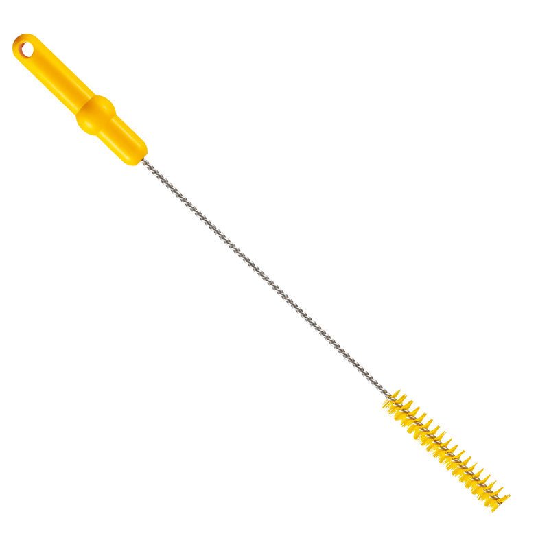 La Haug Bürsten KG ROHRBÜRSTE, ø 0,50MM HART 500Xø 20MM dispose d'une poignée jaune, d'une longue tige métallique et de poils jaunes en spirale - parfaite pour le nettoyage des tuyaux et des contenants étroits.