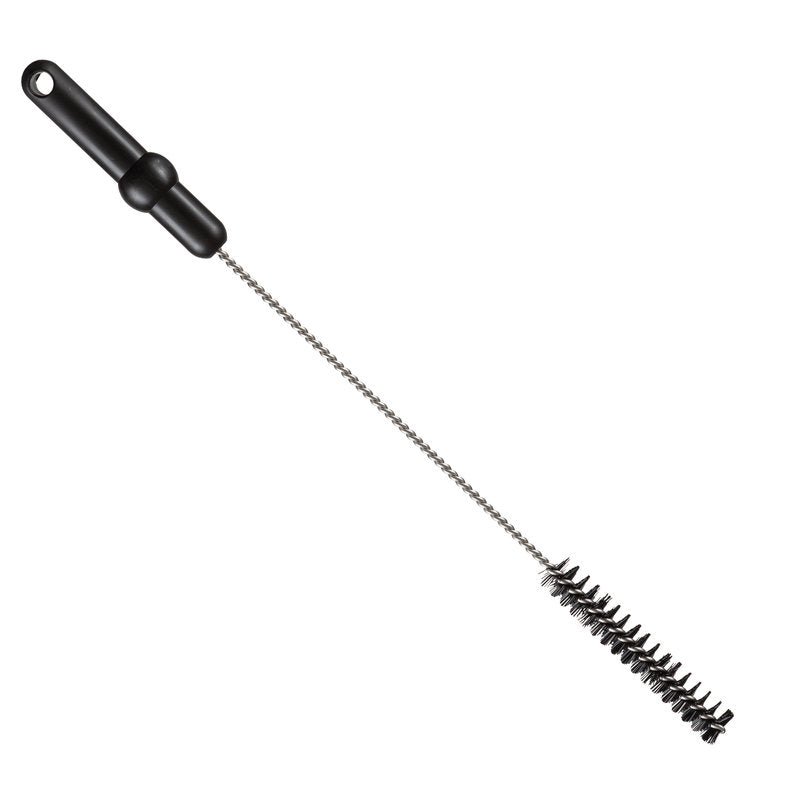 La Haug Bürsten KG ROHRBÜRSTE, ø 0,50MM HART 500Xø 20MM, est une brosse de nettoyage cylindrique avec des poils noirs rigides, un manche métallique torsadé et une poignée en plastique noir avec trou de suspension - parfaite pour un nettoyage efficace des tuyaux.