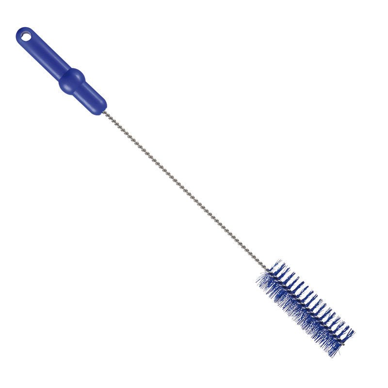 La Haug Bürsten KG BROSSE À TUBE, ø 0,50MM MOYEN, 500Xø40MM a des poils bleus rigides et un long manche torsadé avec une poignée bleue et un trou de suspension - idéale comme brosse de nettoyage pour les tuyaux ou pour nettoyer des bouteilles et récipients étroits.