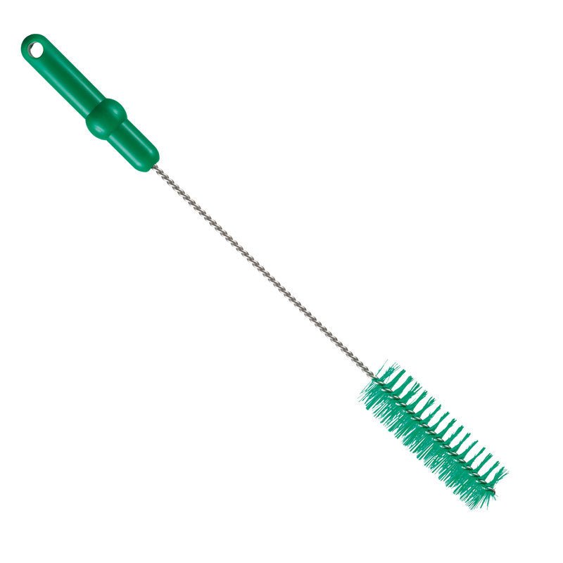La Haug Bürsten KG BROSSE À TUBE, ø 0,50MM MOYEN, 500Xø40MM a une poignée verte, des poils rigides et un long manche en métal torsadé pour un nettoyage efficace et l'entretien des tuyaux dans des récipients étroits.