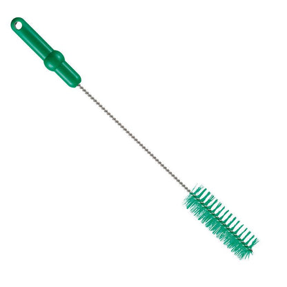 La Haug Bürsten KG BROSSE À TUBE, ø 0,50MM MOYEN, 500Xø40MM a une poignée verte, des poils rigides et un long manche en métal torsadé pour un nettoyage efficace et l'entretien des tuyaux dans des récipients étroits.